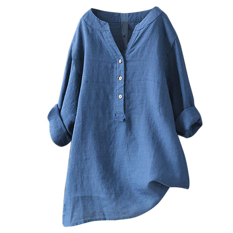 Women Loose Cotton Linen Long Sleeve Blouse - EmeRubies