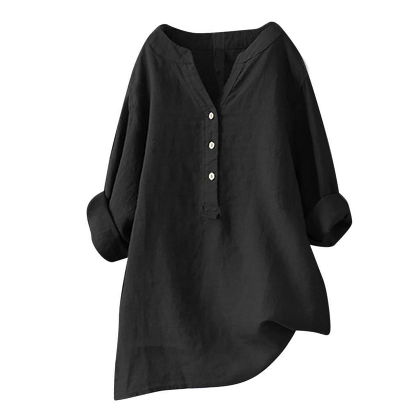 Women Loose Cotton Linen Long Sleeve Blouse - EmeRubies