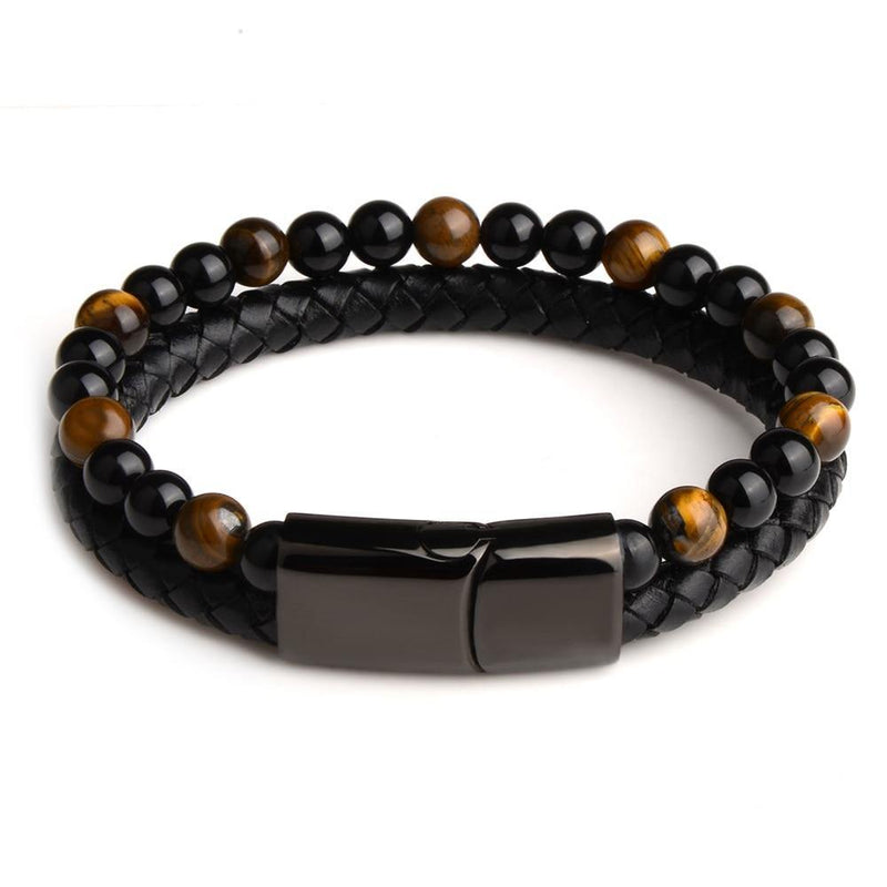Men Natural Stone Tiger Eye Bead Genuine Leather Bracelet with Magnetic Clasp - EmeRubies