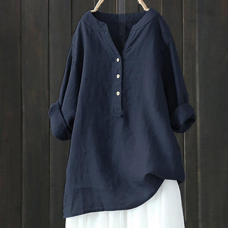 Women Loose Cotton Linen Long Sleeve Blouse - EmeRubies