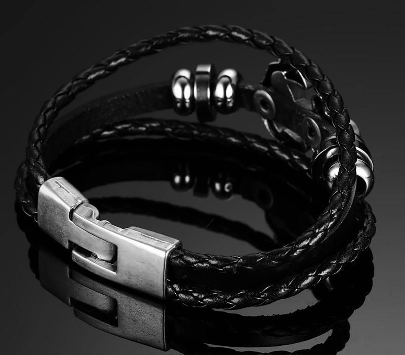 Men Anchor Black Braided Leather Bracelet - EmeRubies