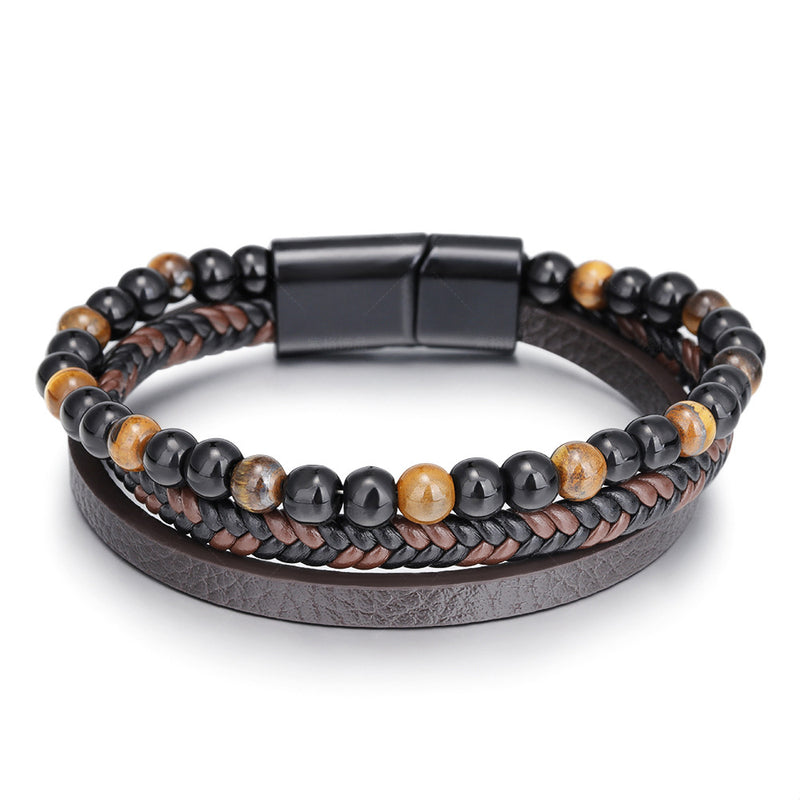 Hand Braided Leather Bracelet with Volcanic Stone for Men