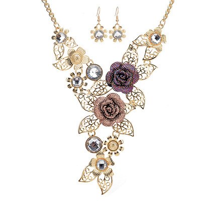 Crystal Rose Flower Leaf Jewelry Set