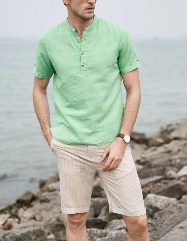 Men Fashion Summer Short Sleeve Slim Linen Shirts - EmeRubies