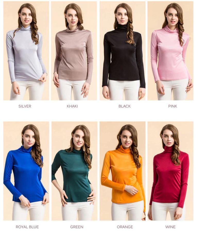 Women 100% Natural Silk Turtleneck Long Sleeve Shirt - EmeRubies
