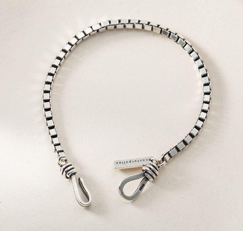 925 Sterling Silver Double Hook Box Chain Bracelet for Men Women - EmeRubies
