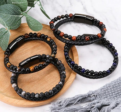 Men Natural Stone Tiger Eye Bead Genuine Leather Bracelet with Magnetic Clasp - EmeRubies