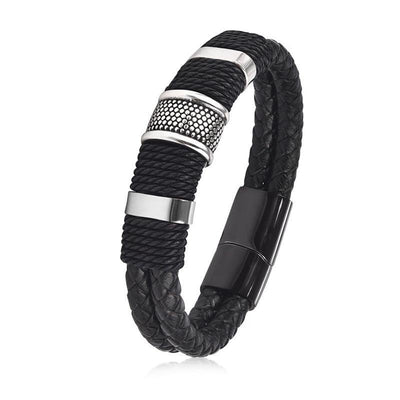 Men Vintage Black Braided Leather Bracelet with Magnetic Stainless Steel Clasp - EmeRubies