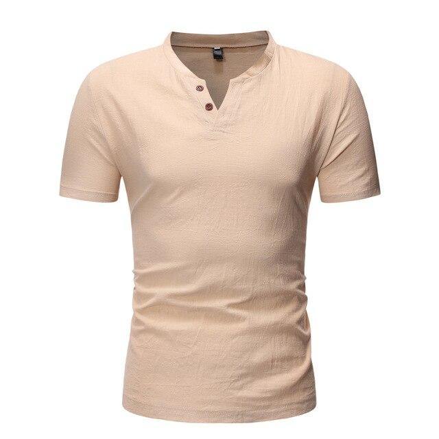 Men Linen Casual Button-Down Henley Short Sleeve Summer Dress Shirt - EmeRubies
