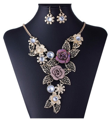 Crystal Rose Flower Leaf Jewelry Set